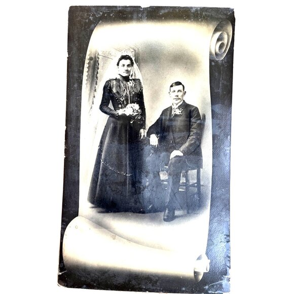 Antique Victorian Scroll-Style Wedding Photo Print Black Dress - Picture 1 of 8
